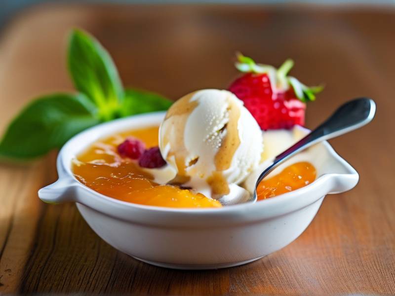 How to serve warm fruit compote paired with plain vanilla ice cream scoops