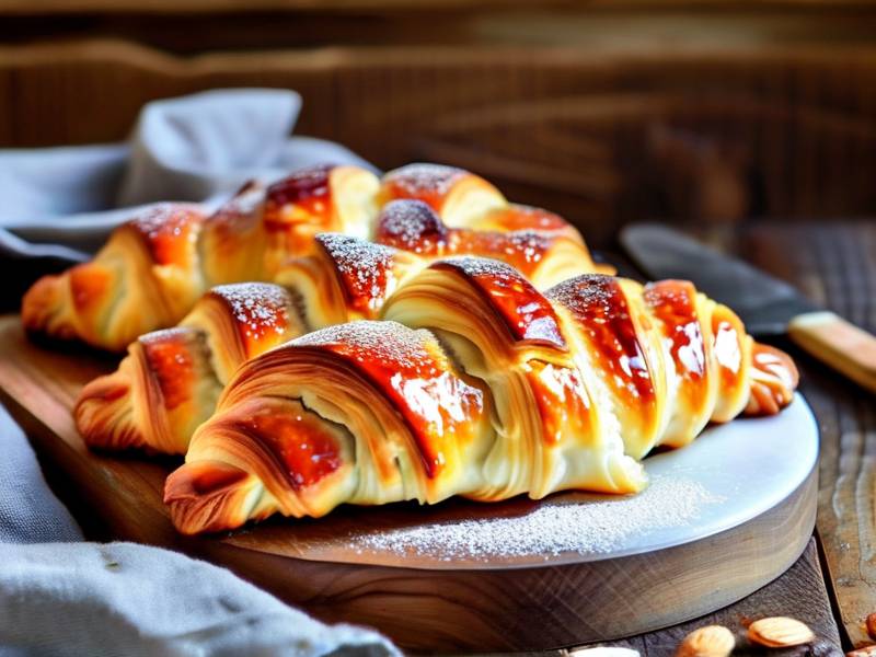 How to bake homemade almond croissant laminated dough buttery flaky pastry layers