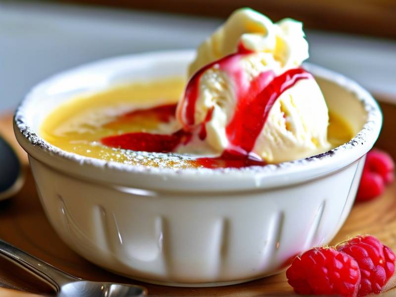 How to serve warm fruit compote alongside plain vanilla ice cream scoops